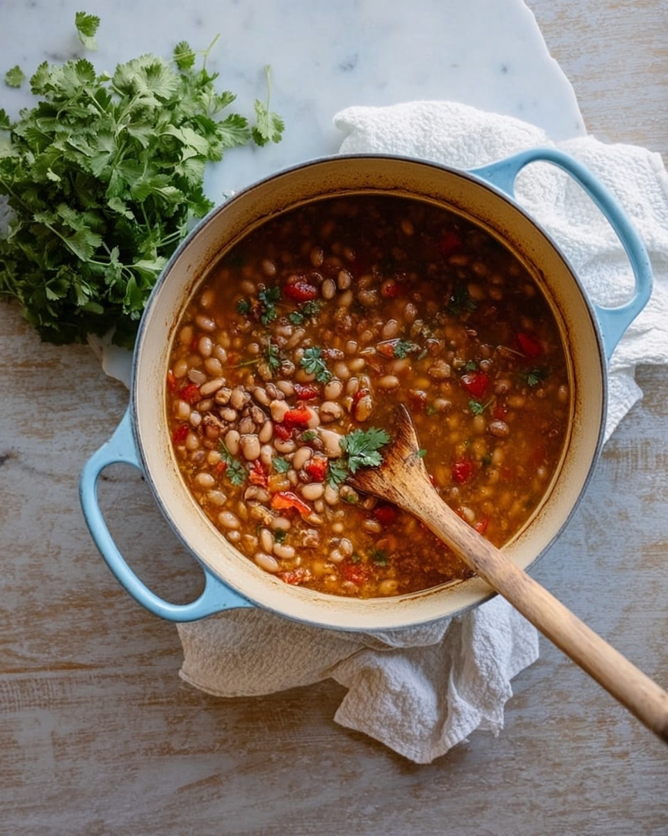 A light blue pot with two handles sits on a white cloth on top of a white marbled wooden table. Inside the pot, there is a thick stew made of small pale brown beans mixed with pieces of red pepper, floating in a brownish broth. A wooden spoon is inside the pot with its handle sticking out, lifting some of the stew. In the top left corner, a bunch of fresh green herbs rests on the table. photo taken with an iphone --ar 4:5 --v 7