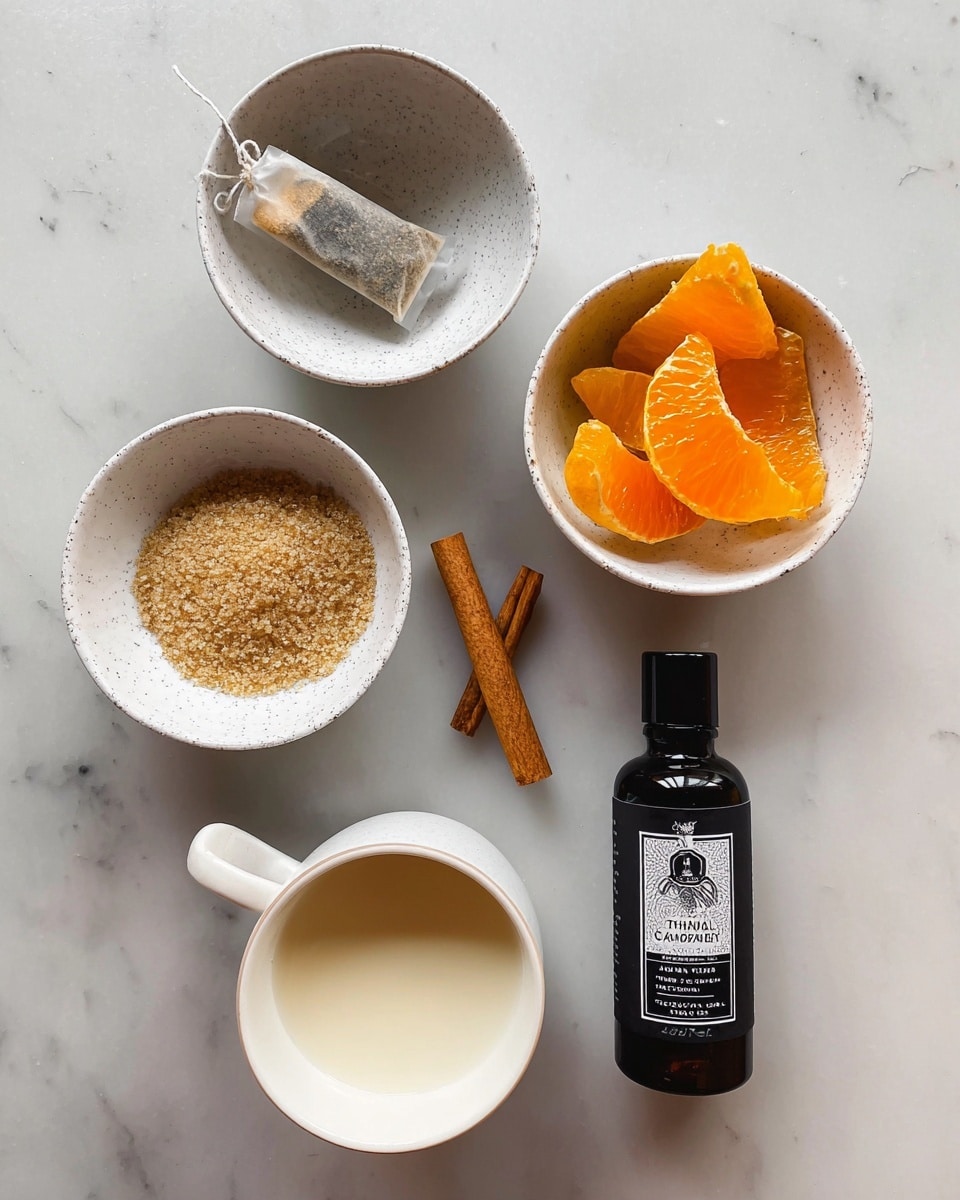 The image shows five small white bowls and a black bottle placed on a white marbled surface. One bowl holds a tea bag with a string, another contains light brown granulated sugar, while a third has bright orange citrus peels alongside a brown cinnamon stick. Below these, there is a small cup filled with creamy white liquid, and next to it stands a small dark bottle labeled