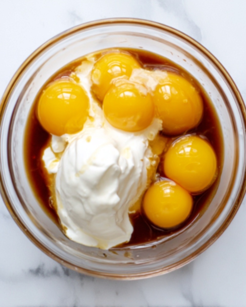 A clear glass bowl sits on a white marbled surface, containing five raw egg yolks with their bright yellow color, a large scoop of thick white yogurt, and a dark brown liquid spread on one side. The ingredients are not mixed yet, showing distinct color blocks: yellow eggs clustered together, creamy white yogurt in a large blob, and dark brown liquid pooling nearby. photo taken with an iphone --ar 4:5 --v 7