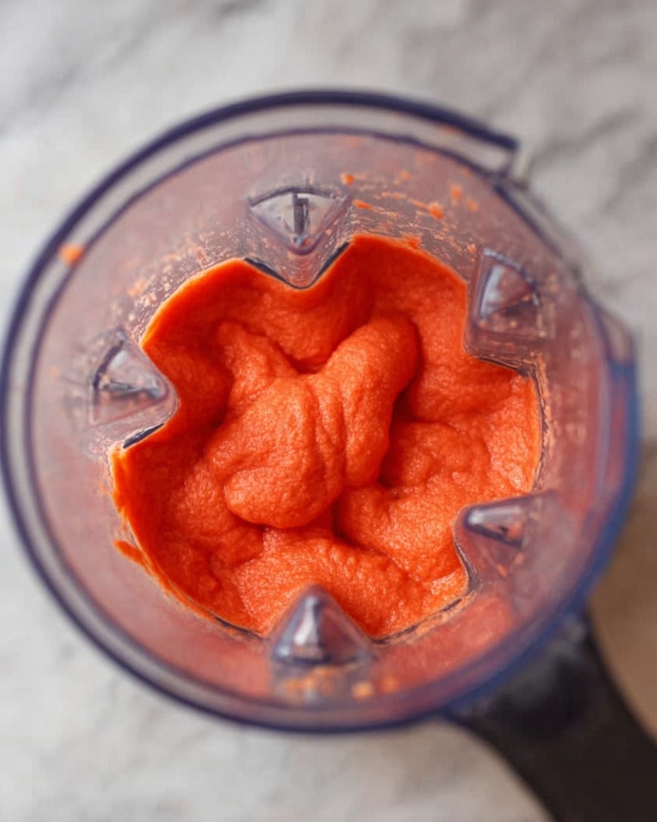 The image shows a clear blender jar with thick, smooth bright red-orange puree at the bottom. The puree is even in texture with soft folds and spread in a flower-like shape inside the center of the blender, which has small triangular blades partly visible around it. The blender jar has a transparent and slightly reflective surface, and the background below is a white marbled texture. photo taken with an iphone --ar 4:5 --v 7