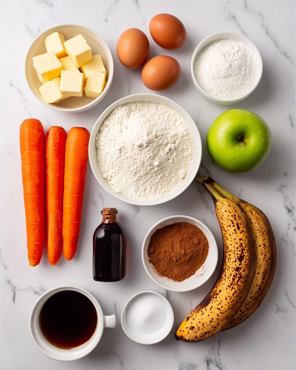 The image shows various ingredients neatly placed on a white marbled surface. There are three bright orange carrots slightly stacked on the left side, two brown speckled bananas positioned towards the right, and one shiny green apple in the middle. At the top left, a small white bowl holds three cubes of pale yellow butter. Next to it are two whole brown eggs. A larger white bowl filled with white flour is placed at the top right. Below the apple, a small white bowl contains brown cinnamon powder. Three more small white bowls hold white granulated sugar, white powder (possibly baking soda), and fine white powder (likely baking powder), arranged vertically on the left side. A small white cup filled with dark brown syrup or honey is near the bottom center, and a small dark bottle, presumably vanilla extract, stands to the right of the bananas. All these items are clearly visible and well lit, arranged with some space around each one. Photo taken with an iphone --ar 4:5 --v 7