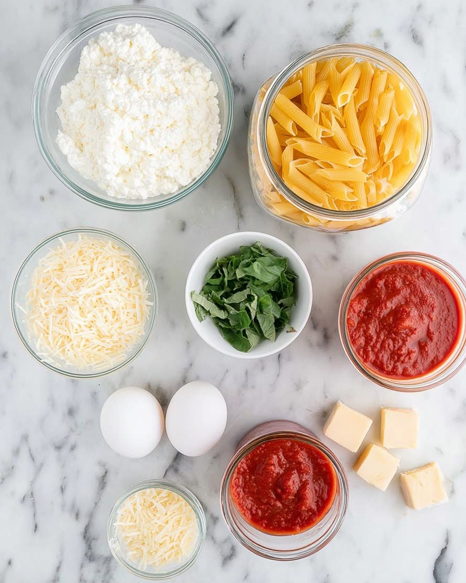 The image shows an overhead view of several clear glass bowls and jars placed on a white marbled surface. There is a large bowl filled with white ricotta cheese at the top left, and a smaller white bowl with chopped green basil leaves near the center. To the right, a glass jar holds uncooked yellow penne pasta. A large bowl filled with grated parmesan cheese is placed on the right side. Below, there is a small bowl with shredded mozzarella cheese. Two whole white eggs are in a clear bowl near the center bottom. There are two glass jars of red tomato sauce near the bottom right, with some sauce visible inside. A round clear bowl with red tomato sauce is located near the left side, and some three small pieces of parmesan cheese blocks are between the basil and parmesan bowl. The entire scene is bright and clean. photo taken with an iphone --ar 4:5 --v 7
