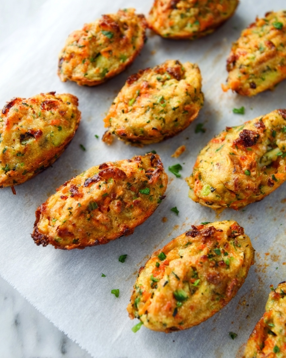 The image shows several small, oval-shaped baked bites arranged on a sheet of light-grey parchment paper over a white marbled surface. Each bite has a golden-brown top mixed with bits of green herbs and small chunks of orange, all giving a rough texture. The bites look slightly crispy on the edges and softer in the middle, with some herbs scattered within the mixture, showing a mix of color and texture. Photo taken with an iphone --ar 4:5 --v 7