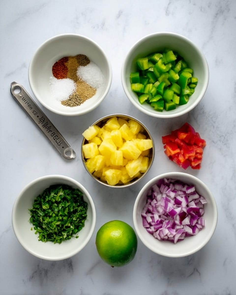 The image shows six small white bowls and a measuring cup arranged on a white marbled surface. The top row has three bowls: the left one holds spices and salt in different shades of brown and white, the middle contains green bell pepper pieces, and the right has red bell pepper pieces. Below them are three more bowls: the left one filled with chopped green herbs, the middle with chopped purple onion pieces, and the right is empty. Next to the bowls is a whole bright green lime, and the measuring cup in the center holds diced yellow pineapple pieces. photo taken with an iphone --ar 4:5 --v 7