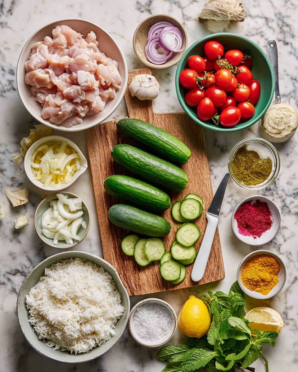This image shows a top view of various fresh ingredients on a white marbled surface. In the center, there is a wooden cutting board with six green cucumbers, some sliced into rounds near a knife with a white handle. On the top left, a white bowl is filled with raw, pale pink pieces of chicken. Next to it, a green bowl holds bright red cherry tomatoes still on the vine. To the right, a white bowl contains several colorful powdered spices arranged in small piles. Below the cutting board to the left, a grey bowl is filled with fluffy white rice. Around the main items, smaller bowls hold sliced red onions, garlic cloves, chopped yellow vegetables, lemon halves, creamy white sauce, mustard, salt, and fresh green mint leaves scattered loosely. The overall scene is colorful with a mix of fresh textures and soft lighting, photo taken with an iphone --ar 4:5 --v 7