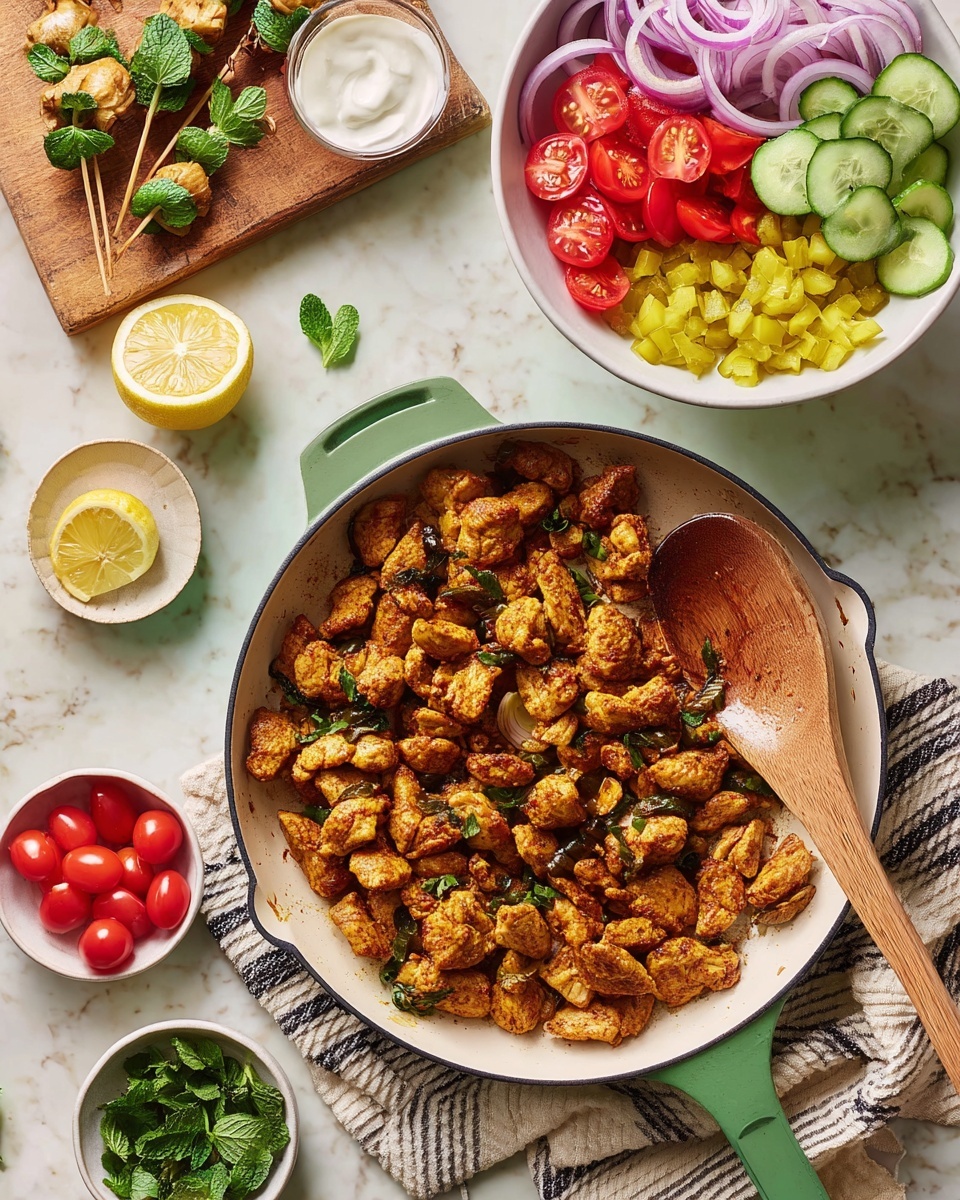 A white pan with green handles holds many small pieces of cooked golden brown seasoned chicken, with a wooden spoon resting on top. Above the pan is a white bowl filled with four distinct layers: thin red onion slices on the top left, bright red halved cherry tomatoes below, small green cucumber slices under the onions and tomatoes, diced yellow pickles on the bottom right, and green chopped herbs filling the top right section. Around the pan and bowl are small white bowls with whole red cherry tomatoes, lemon slices, garlic cloves, and a white sauce. Fresh green mint leaves on skewers and loose are placed on a wooden board near the top left. All items sit on a white marbled surface, with a beige and black-striped cloth towel under the pan. photo taken with an iphone --ar 4:5 --v 7