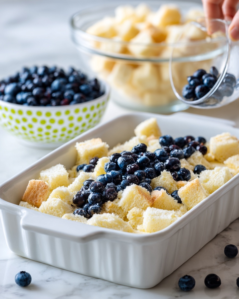 The image shows a white rectangular baking dish filled with a layer of light yellow bread cubes that look soft and spongy. On top of the bread cubes, there are many scattered dark blue blueberries. To the left of the baking dish, there is a white bowl with a green dotted pattern filled with more blueberries. In the background, there is a glass bowl holding more light bread cubes. The whole setup is placed on a white marbled surface. photo taken with an iphone --ar 4:5 --v 7