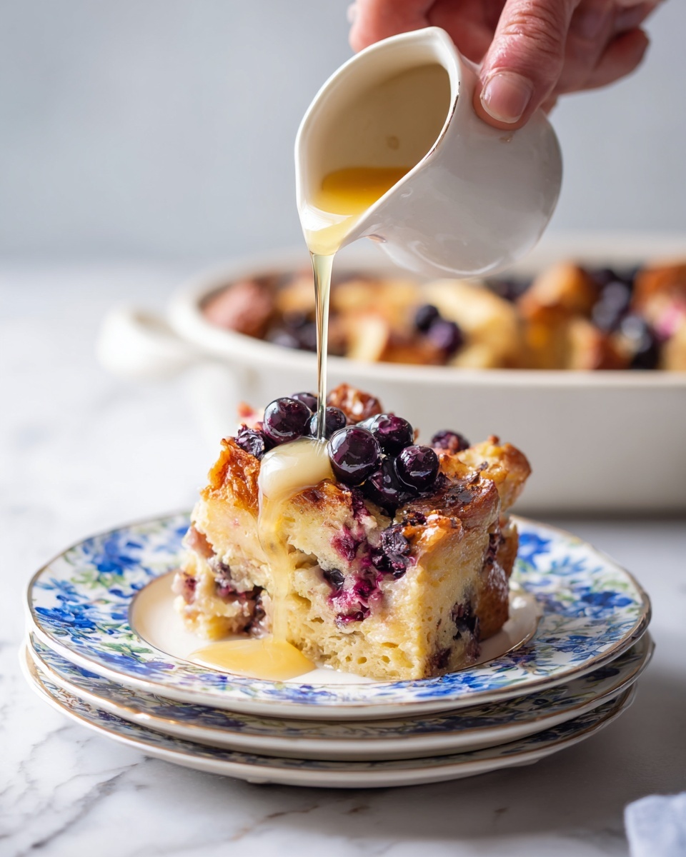 A slice of bread pudding sits on a white plate with blue floral patterns, showing layers of golden brown toasted bread and creamy custard mixed with dark purple blueberries on top and inside. The pudding looks soft and moist, with some berries releasing purple juice that stains parts of the bread. A woman's hand is pouring golden syrup over the pudding from a small white jug, capturing the syrup’s smooth flow. The plate is placed on another plain white plate on a white marbled surface. To the right, a white baking dish with more bread pudding topped with scattered blueberries is partially visible. Photo taken with an iphone --ar 4:5 --v 7