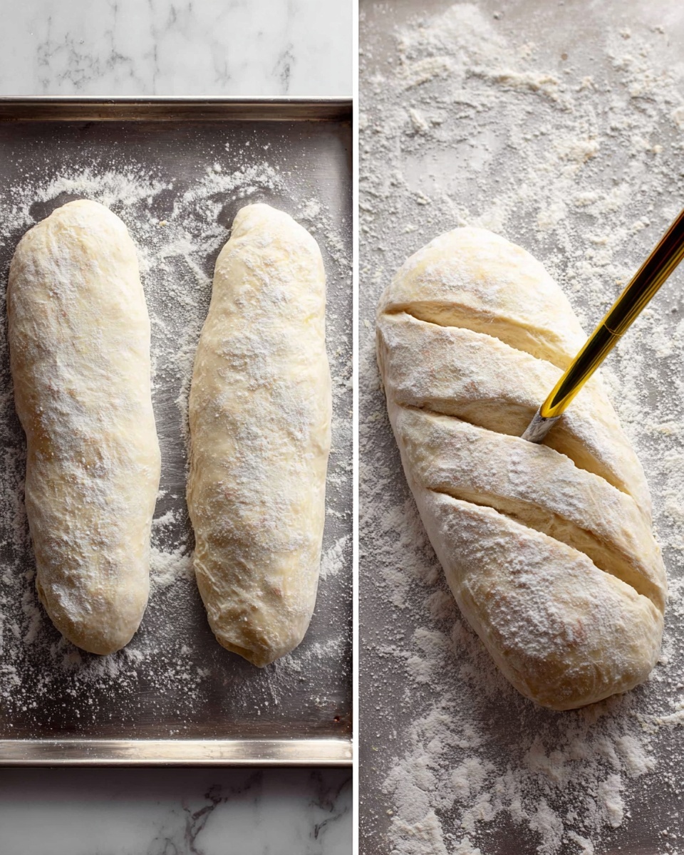 The image shows two views of bread dough on a metal baking tray dusted with flour. On the left side, two elongated dough pieces lie next to each other, both pale with a soft, slightly rough surface. On the right side, a close-up of one dough piece is shown with three diagonal cuts being made on top with a gold-tipped tool, revealing the soft inside of the dough. The entire setup is on a white marbled surface with scattered flour. Photo taken with an iphone --ar 4:5 --v 7