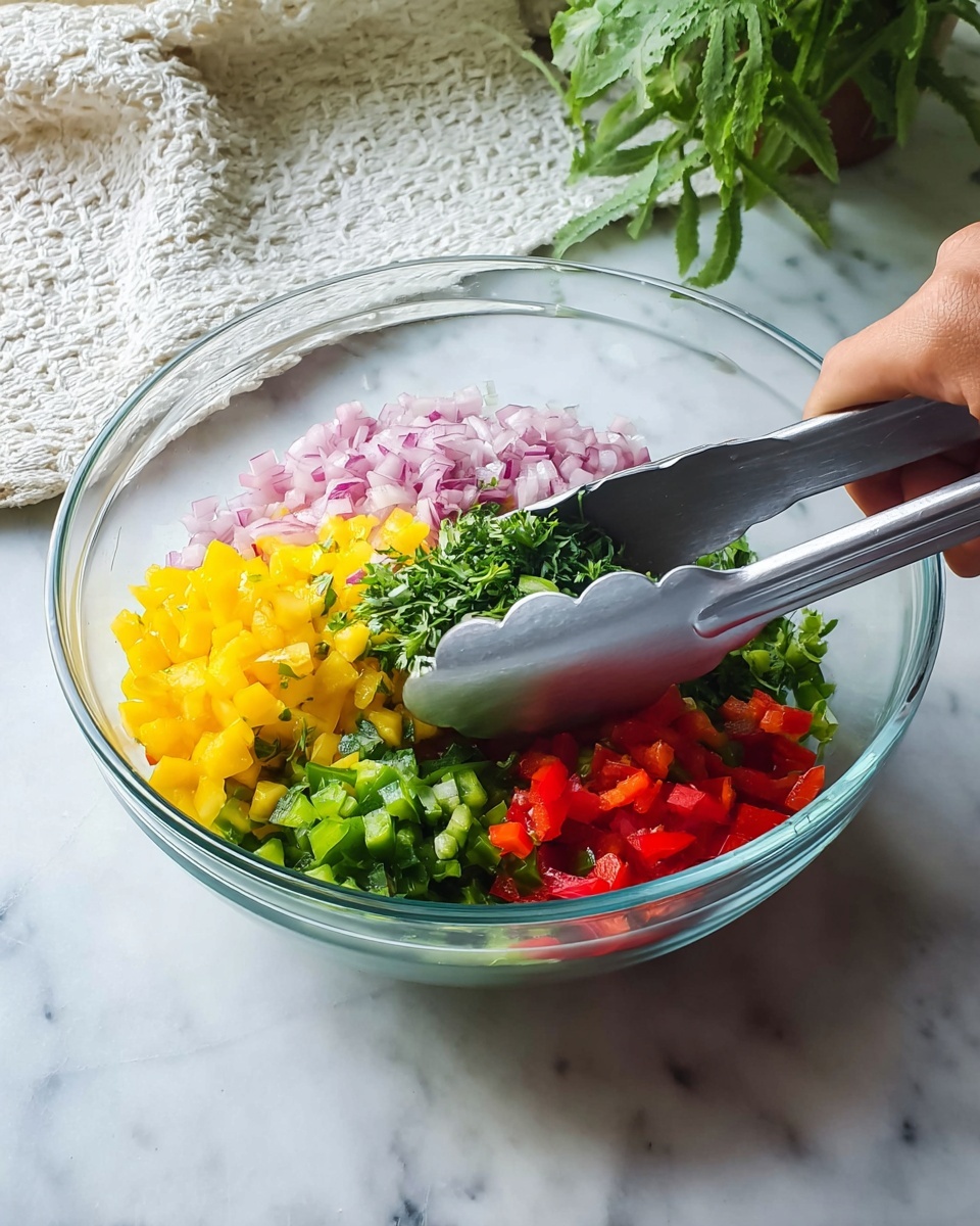A clear glass bowl sits on a white marble surface, filled with finely chopped vegetables arranged in separate sections. At the bottom is a layer of pink chopped onions, followed by small green chopped peppers, bright red chopped bell peppers, and a pile of yellow chopped mango or similar fruit. On top, a small bunch of fresh green herbs or cilantro is placed in the center. A woman's hand holds silver tongs above the bowl, ready to mix the ingredients. In the background, a blurred white textile and green plant add a homey touch. photo taken with an iphone --ar 4:5 --v 7