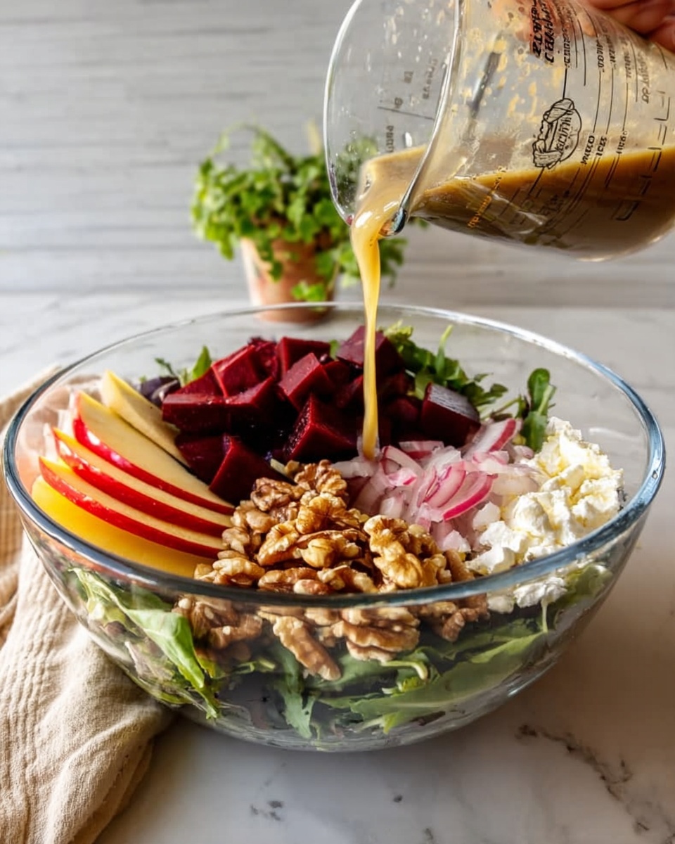 A clear glass bowl filled with several colorful layers of salad sits on a white marbled surface. The bottom layer shows a bed of dark green leafy greens. On top, there are neat piles of diced dark red beets on the left, tan walnut pieces in the front center, sliced pale pink shallots on the right, and small lumps of white cheese towards the back right. Thin slices of light yellow apple with red edges rest along the left side. Above the salad, a woman's hand is pouring a light brown dressing from a clear measuring cup, the liquid glistening as it flows. A small green plant and a beige cloth are faintly visible in the background. Photo taken with an iphone --ar 4:5 --v 7