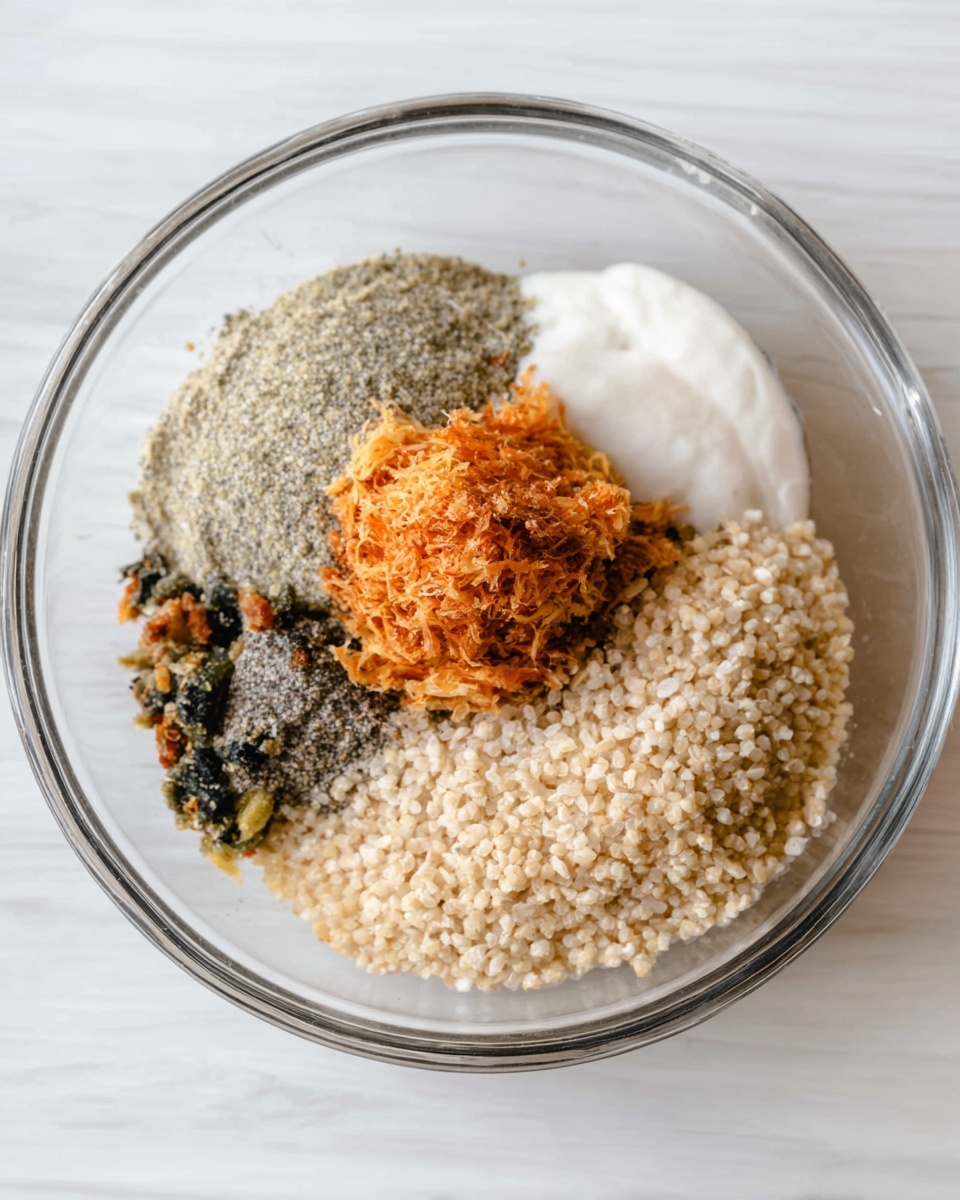 Inside a clear glass bowl sitting on a white marbled surface, several ingredients are arranged separately in a circle. There is a pile of light beige grains with a soft, fluffy texture on the bottom right. Next to it on the bottom left are small dark green and orange pieces with a dry look. Above those is a powdery light brownish-green layer with a crumbly texture. In the top center, a small round mound of shredded orange material looks moist and dense. To the right of this, a small white creamy section fills the space. The layers remain distinct and do not mix, showing their different textures and colors clearly. photo taken with an iphone --ar 4:5 --v 7