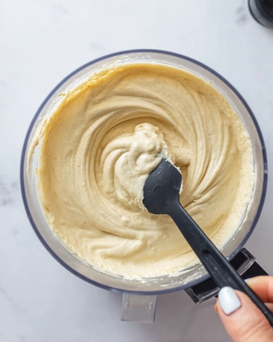The image shows a clear food processor bowl filled with a pale yellow creamy mixture. The texture is smooth and thick, with swirl patterns made by stirring. A black spoon is inside the bowl, partially covered by the creamy mixture, and a woman's hand with white nail polish holds the spoon handle at the bottom edge of the image. The background is a white marbled surface. photo taken with an iphone --ar 4:5 --v 7