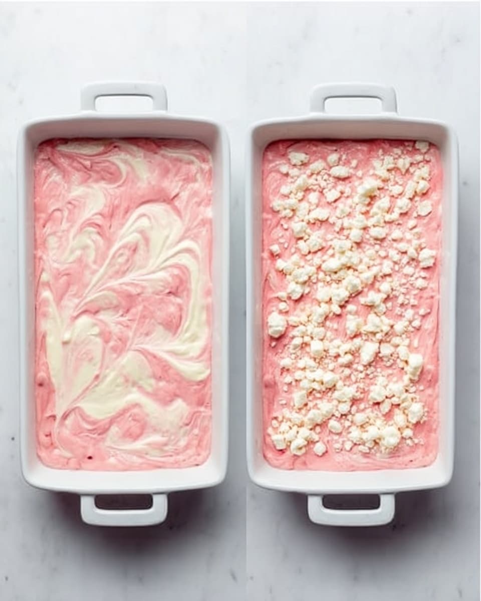 The image shows a white rectangular baking dish with two views. The left side shows a smooth pink batter with swirls of white cream mixed on top in a wavy pattern. The right side shows the same pink batter topped evenly with small white crumbles spread across the surface. The dish rests on a white marbled surface, and the edges of the dish and handles are clean and visible. photo taken with an iphone --ar 4:5 --v 7