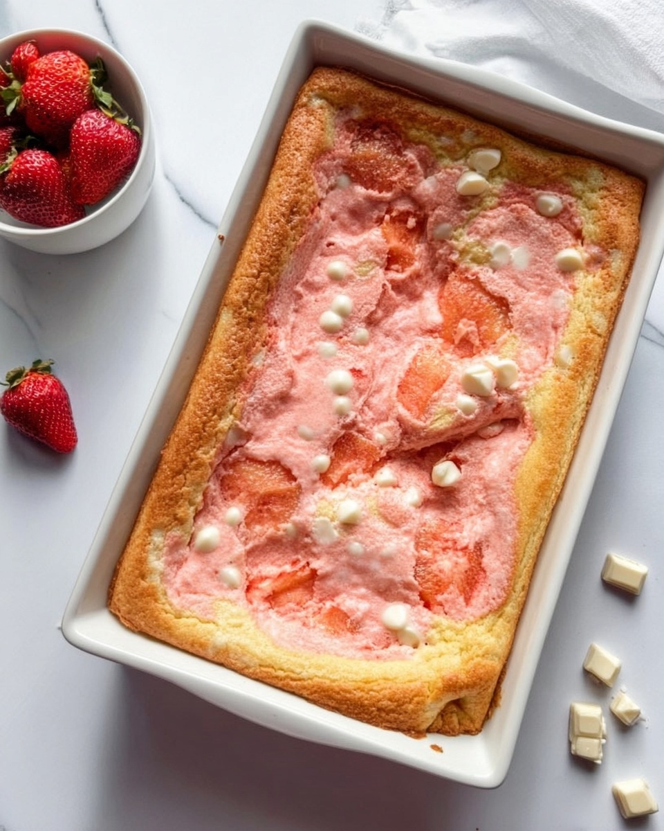 The image shows a rectangular white baking dish with a warm pink and golden-brown dessert inside. The dessert has a thick crust around the edges that is golden brown and slightly puffed up. The inside layers feature a soft pink filling with a smooth texture, dotted with small white pieces that look like chopped nuts or white chocolate. The pink filling area has irregular patches, creating a marbled effect with the golden crust. The dish is placed on a white marbled surface, with a small white bowl of fresh red strawberries and some loose pieces of what looks like white chocolate or nuts beside it. The scene is bright with natural light, making the colors vivid and inviting. Photo taken with an iphone --ar 4:5 --v 7