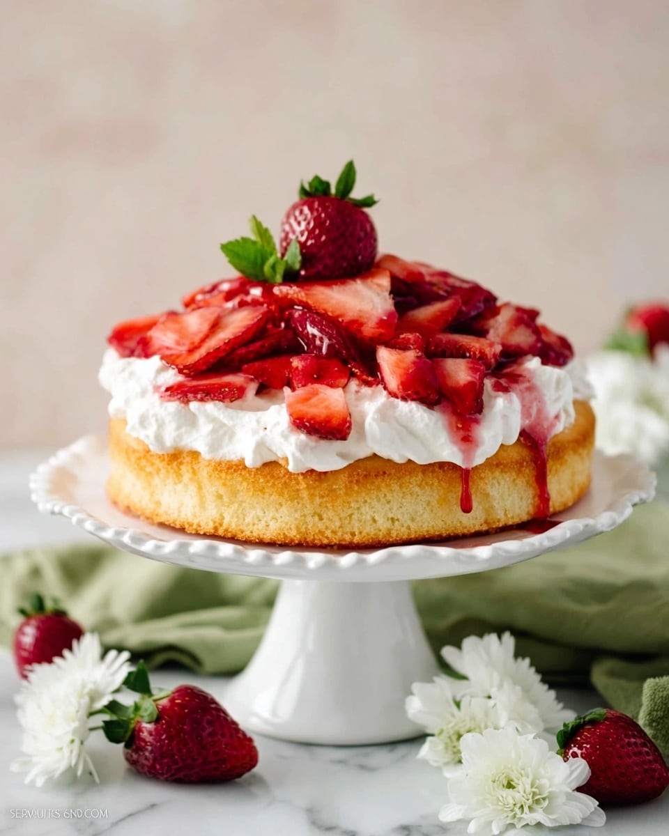 A single-layer round cake with a golden-brown base sits on a white cake stand with a frilled edge. On top of the base is a thick layer of white whipped cream that looks soft and fluffy. The whipped cream is topped generously with bright red strawberry slices scattered all over the surface, with a small whole strawberry with its green leafy top placed at the very peak. A light drizzle of strawberry syrup gently runs down the sides of the whipped cream. The cake stand rests on a white marbled surface with white flowers and whole strawberries placed around it, and an olive-green cloth is softly folded in the background. photo taken with an iphone --ar 4:5 --v 7