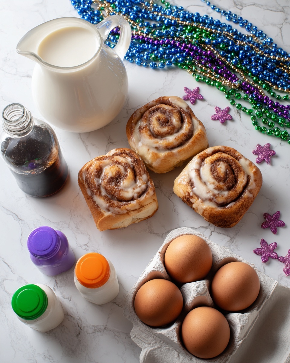 The image shows two blue packs of Pillsbury Grands! cinnamon rolls placed on a white marbled surface. To the left, there is a white pitcher filled with cream or milk, and below it, a clear glass bottle with a dark liquid inside. On the bottom right, there is a white egg carton holding four brown eggs. Three small glass bottles with colored lids—orange, purple, and green—are lined up near the center bottom. In the upper right corner, colorful Mardi Gras beads in green, purple, and gold with pink flower shapes are scattered. photo taken with an iphone --ar 4:5 --v 7