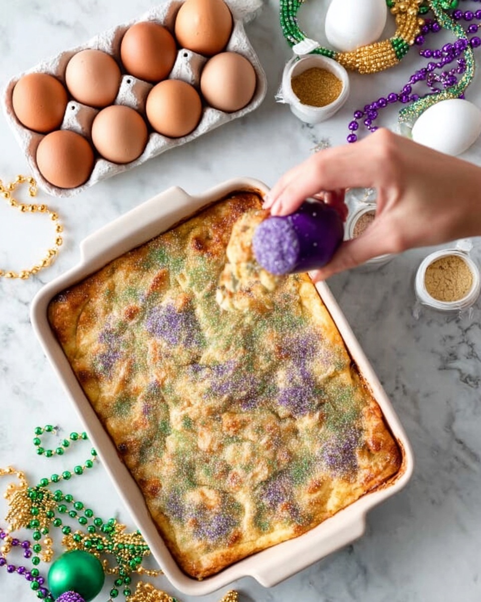 A white ceramic baking dish filled with a golden brown cooked casserole that has a textured, uneven top layer covered with purple, green, and gold colored powdered sprinkles. The casserole shows hints of light green and orange within the crusty surface. A woman's hand holding a small purple shaker is sprinkling the topping onto the dish. Nearby on the white marbled surface are a white egg carton with six brown eggs and two small white shakers, one with green powder and one with orange powder. Colorful Mardi Gras-style bead necklaces in purple, green, and gold are scattered around the baking dish. Photo taken with an iphone --ar 4:5 --v 7