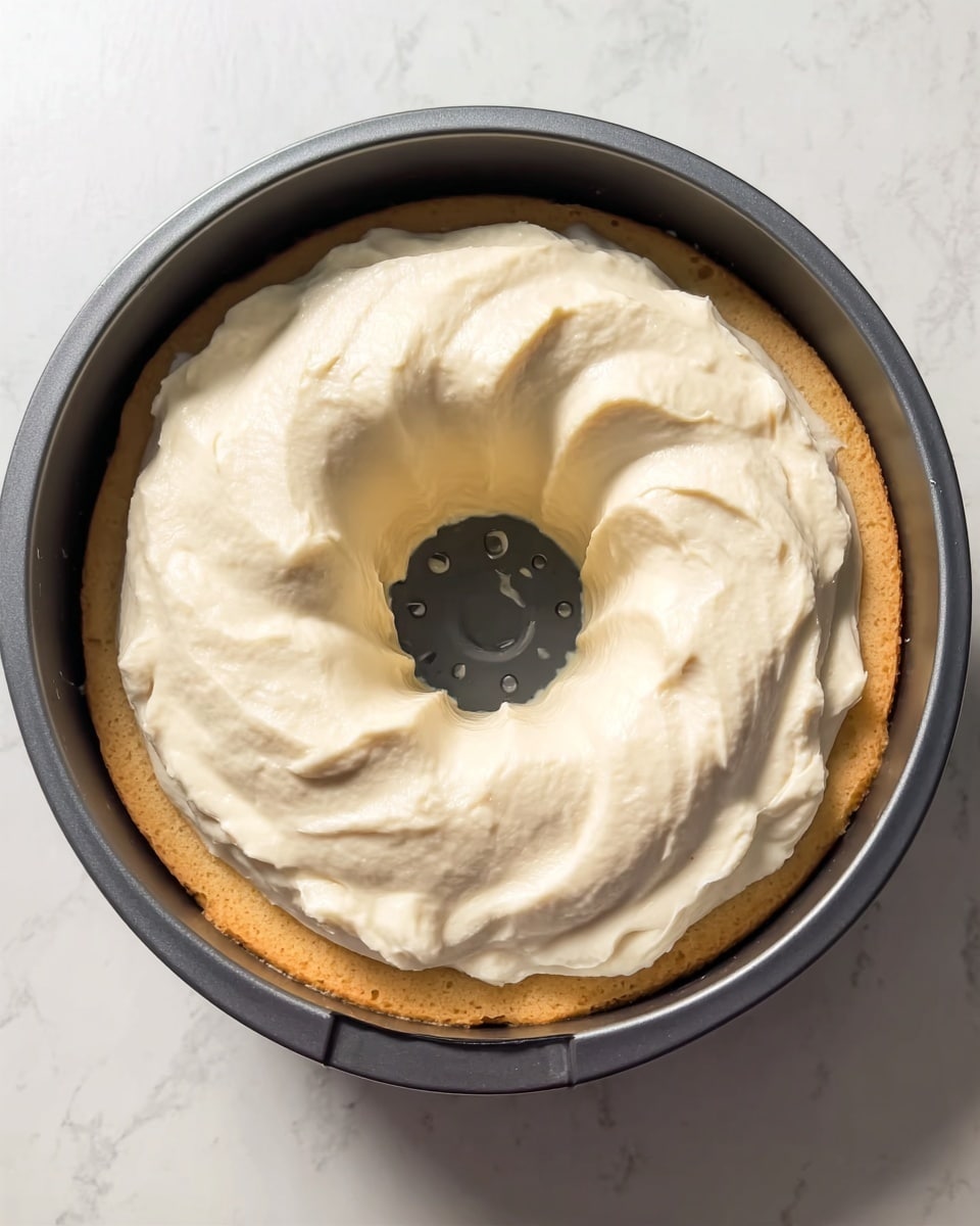 The image shows a bundt cake pan with a ring-shaped cake inside. The cake has a golden brown base layer that fills the pan evenly. On top of the base layer, there is a thick layer of white creamy batter, spread mostly over the top portion of the cake, creating a smooth texture with some swirls. The pan is made of dark metal and rests on a white marbled surface. Photo taken with an iphone --ar 4:5 --v 7