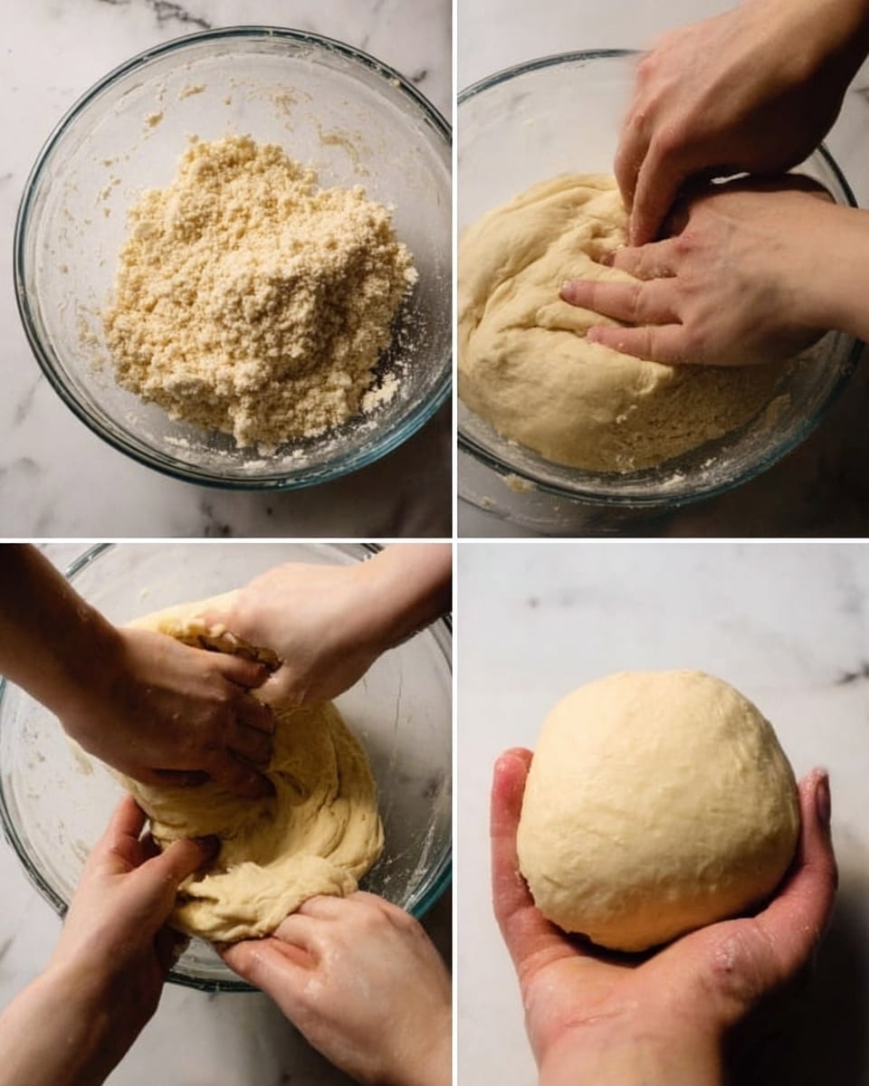 The image shows four close-up views of dough being made in a clear glass bowl on a white marbled surface. The first frame shows a woman's hand mixing crumbly dough with a rough, grainy texture. In the second frame, a woman's finger presses into the dough, which looks softer and more stretchy. The third frame shows two woman's hands gently stretching and folding the now smooth, elastic dough. The last frame features two woman's hands holding a smooth, round ball of dough with a soft, even surface. Photo taken with an iphone --ar 4:5 --v 7