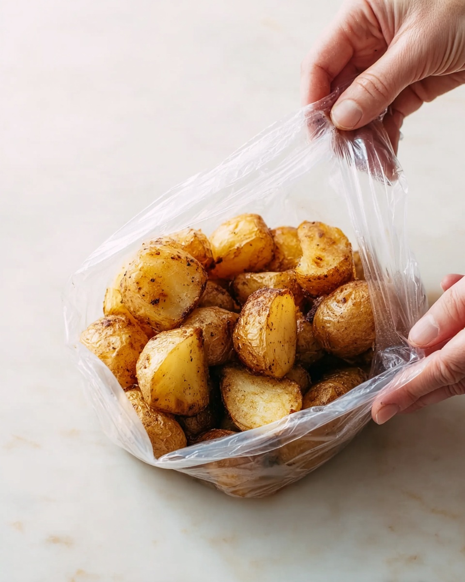 A close-up image showing several golden-brown roasting potato pieces inside a clear plastic bag, with a woman’s hand holding the bag open at the top and another woman’s hand steadying the bag at the side. The potatoes have a slightly rough texture with some seasoning visible on their surfaces. The scene is set on a white marbled surface, providing a clean and bright background. Photo taken with an iphone --ar 4:5 --v 7