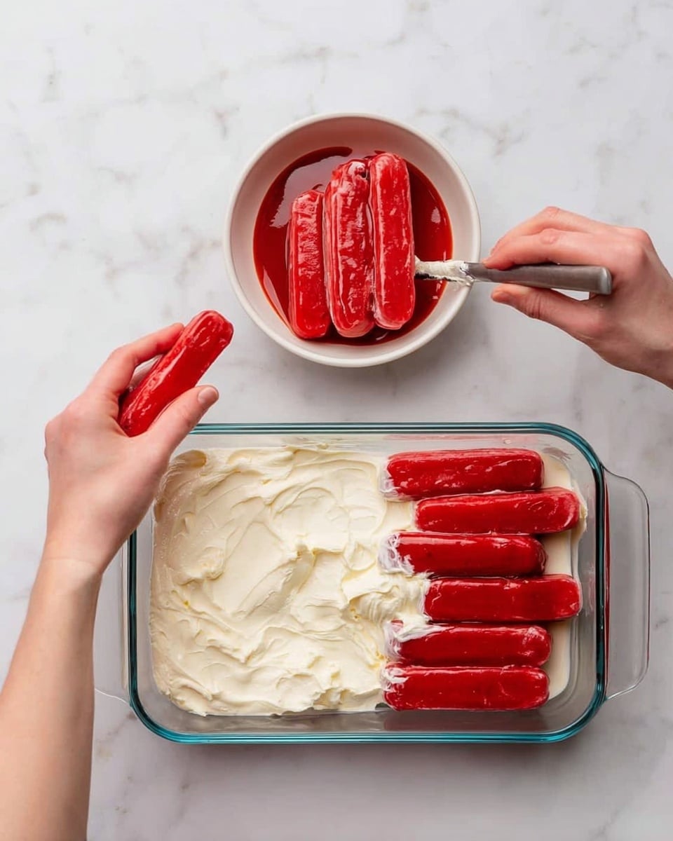 The image shows a step-by-step process of making a layered dessert in a clear glass rectangular dish set on a white marbled surface. In the first step, there are two layers of red rectangular pieces arranged tightly side by side. A woman's hand is dipping one of the red pieces into a round white bowl filled with a red sauce. In the second step, the red pieces are arranged in a single layer at the bottom of the dish, and a woman's hand is spreading thick, creamy white mixture evenly over the red pieces with a butter knife. Photo taken with an iphone --ar 4:5 --v 7