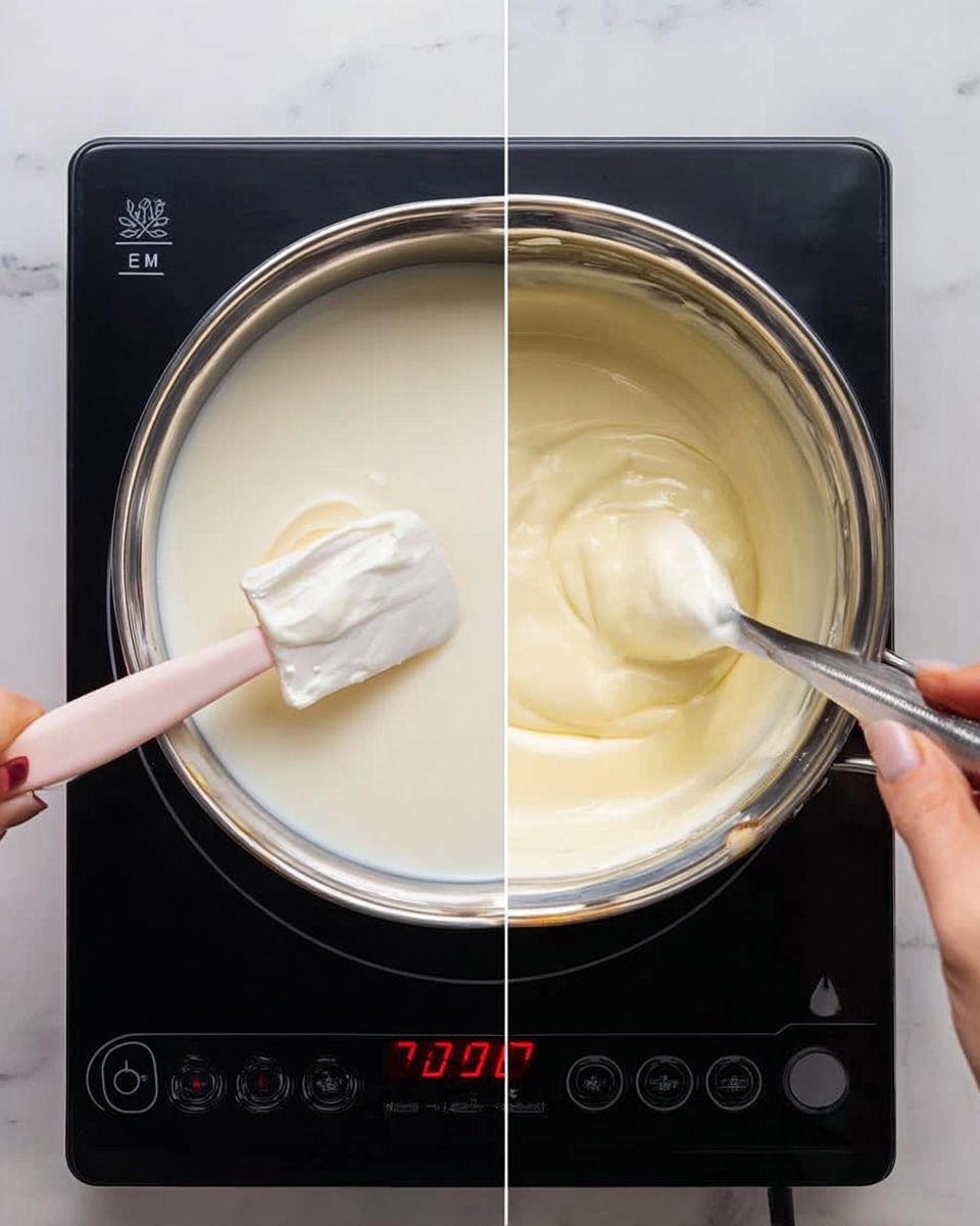 A shiny silver saucepan is placed on a black stovetop with red digital numbers, showing a process in two steps: on the left side, a woman's hand holding a light pink spatula with a white cream is inside the pan containing thick white cream and a pour of milk; on the right side, a woman's hand is stirring a smooth, creamy pale yellow mixture inside the same saucepan. The surface under the stovetop should be imagined as white marbled texture. photo taken with an iphone --ar 4:5 --v 7