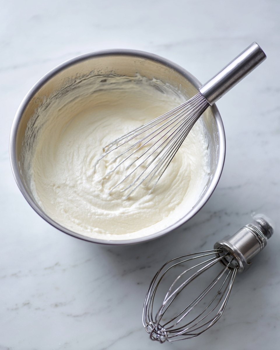 A metal mixing bowl with a smooth, creamy white batter inside, showing a thick texture that clings slightly to the sides. Resting partially inside the bowl is a large silver whisk attachment with thin metal wires. To the right of the bowl is a shiny silver mixer head sitting on a white marbled surface. The image has a clean kitchen look with soft lighting. photo taken with an iphone --ar 4:5 --v 7