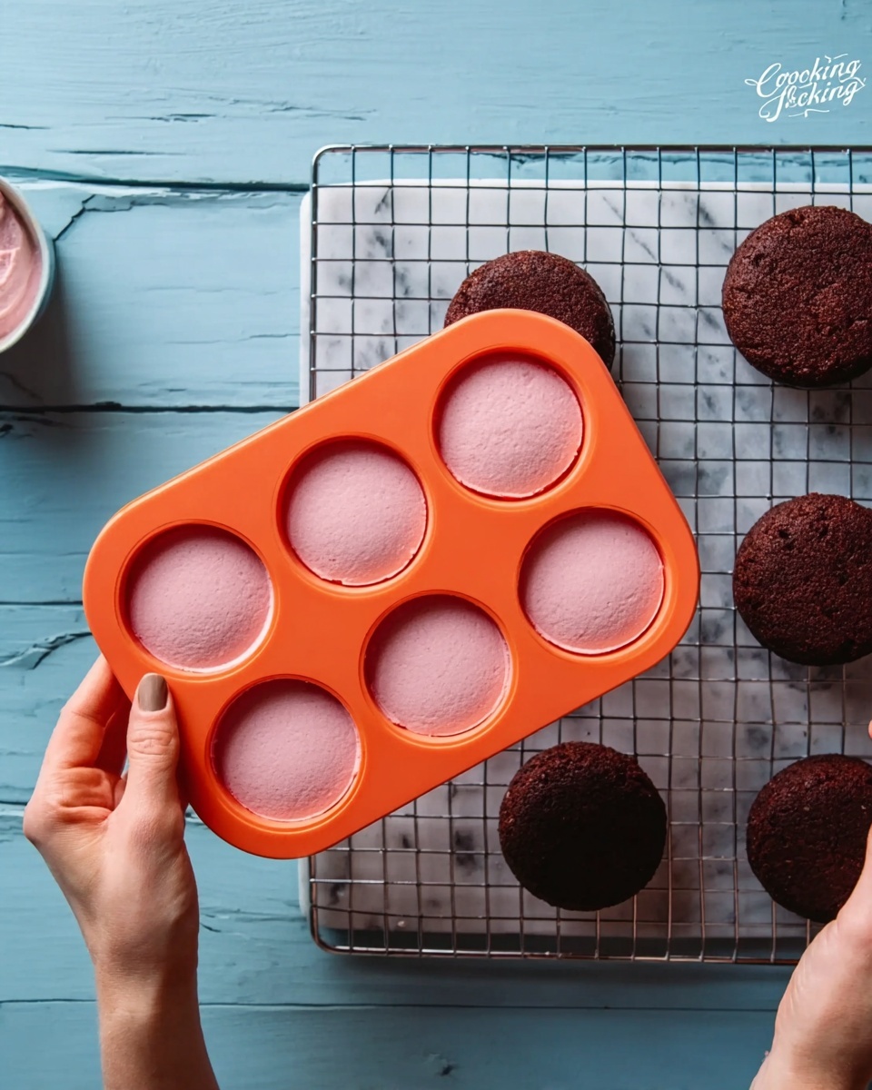 The image shows a woman's hands holding an orange silicone mold with six round cavities filled with light pink mixture. Each cavity is smooth and evenly filled. Nearby, three dark brown round cakes rest on a metal cooling rack over a white marbled surface. The background is a pale blue wooden surface with visible texture. photo taken with an iphone --ar 4:5 --v 7
