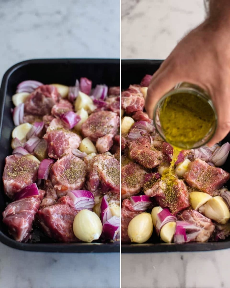 The image shows raw meat pieces placed in a black pan, arranged in a neat layer covering the base. The meat is light pink with some fat and bone visible, and there are chunks of red onion and whole peeled garlic cloves scattered around and between the meat pieces. A woman's hand is seen pouring green oil over the meat in one picture, while in the other, a man’s hand is sprinkling seasoning over the meat. The whole setting is on a white marbled surface. photo taken with an iphone --ar 4:5 --v 7