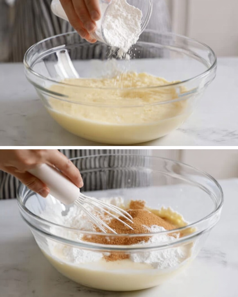 The image shows a close-up of a clear glass bowl placed on a white marbled surface, filled with a creamy light yellow mixture. In the first part, a woman's hand pours a white powdery ingredient into the bowl from above. In the second part, the same woman's hands hold electric beaters mixing in a brown powder and white ingredients layered visibly on the surface of the mixture. The scene captures the process of combining dry ingredients into a creamy base in the transparent bowl, lit softly with a natural tone. Photo taken with an iphone --ar 4:5 --v 7