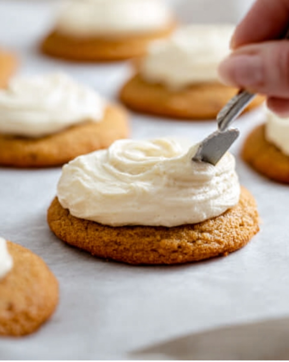 A close-up shows golden brown round cookies placed on a white marbled surface lined with white parchment paper. One cookie is in focus at the front, topped with a thick, creamy white frosting spread smoothly on the top. A woman's hand holds a metal knife gently spreading the frosting with soft, thick texture. Other similar cookies are visible blurred in the background. The warm tone and soft natural light create a cozy feeling. Photo taken with an iphone --ar 4:5 --v 7