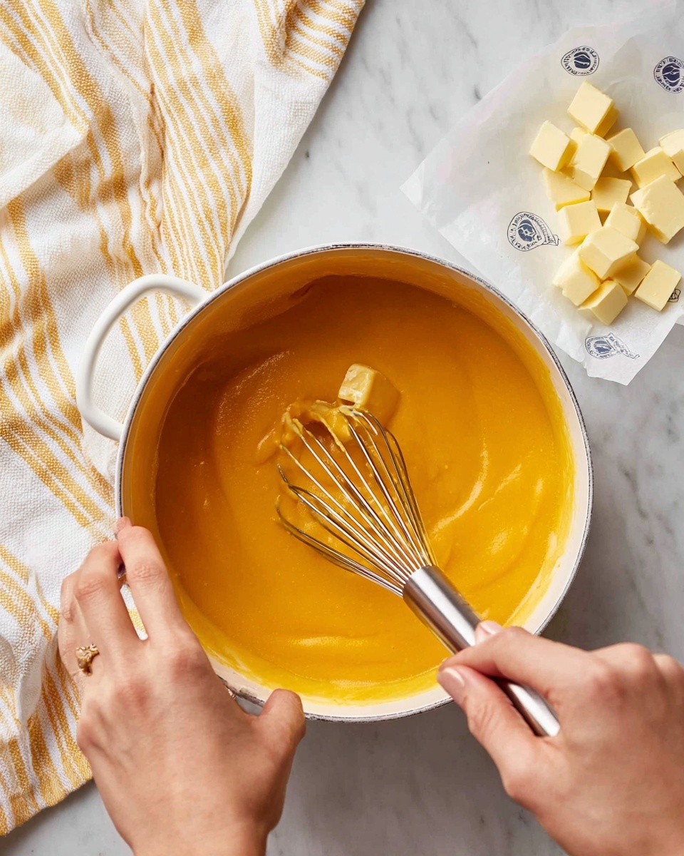 A person's two woman's hands hold a small metal whisk stirring bright orange, smooth, thick sauce in a white pot, while one woman's hand adds two small yellow cubes of butter to the sauce. Next to the pot, there is a white wrappers with butter chunks on a white marbled surface, along with a white cloth with thin yellow stripes in the background. photo taken with an iphone --ar 4:5 --v 7