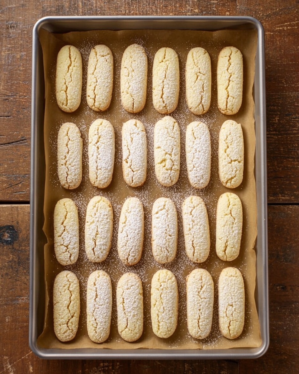A metal baking tray filled with three rows of light beige, elongated ladyfinger cookies, each one slightly cracked on top and dusted lightly with powdered sugar. The cookies are evenly spaced on brown parchment paper that lines the baking tray. The tray rests on a wooden surface with a gold-brown tone. photo taken with an iphone --ar 4:5 --v 7