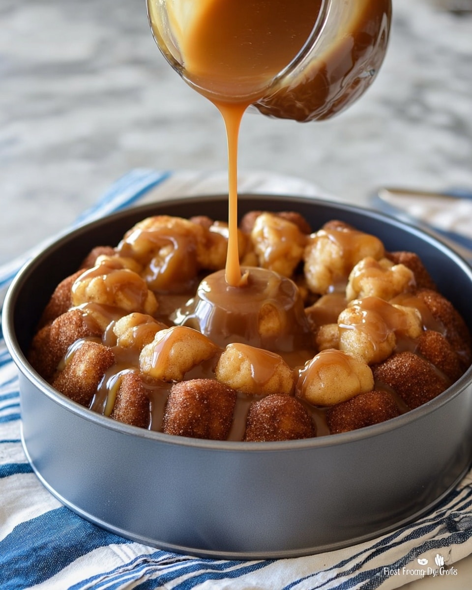 A grey bundt pan holds a baked monkey bread made of rounded dough pieces that are golden brown with a sugar and cinnamon coating, arranged closely inside the pan. A thick caramel-colored sauce is being poured over the bread from above, slowly covering the dough clusters and pooling in the crevices, creating a shiny and smooth texture contrast. The pan sits on a white cloth with blue stripes over a white marbled surface. Photo taken with an iphone --ar 4:5 --v 7