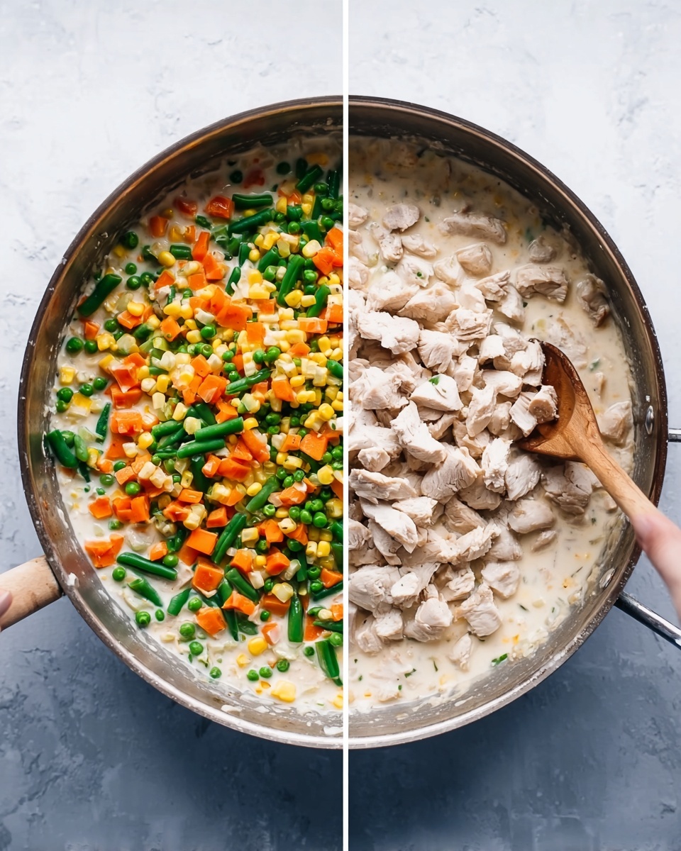 The image shows a large round metal pan placed on a white marbled surface. Inside the pan, there is a creamy light-colored sauce covering the base, with chopped cooked vegetables like green beans, peas, corn, and orange carrots layered on top. On the right side of the pan, there is a wooden spoon held by a woman's hand stirring the mix. In the second part of the image, chopped cooked white meat pieces have been added on top of the vegetables, covering most of them. The sauce is slightly visible around the edges, and the wooden spoon with the woman's hand remains in the same position. photo taken with an iphone --ar 4:5 --v 7