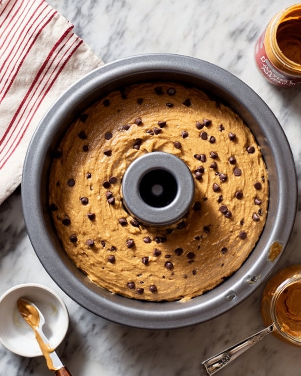 The image shows a round gray bundt pan filled with thick, light brown batter with small dark chocolate chips spread evenly throughout. The pan is placed on a white marbled surface with a white and red striped cloth on the left side. Near the bottom left of the pan, there is a small white bowl holding a spoon. To the right of the pan, there is a clear glass bowl and a jar of peanut butter visible. Photo taken with an iphone --ar 4:5 --v 7