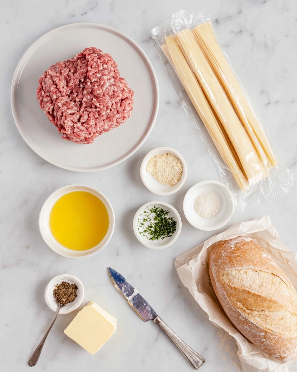 The image shows a white plate with raw ground meat placed on the left side. Around it on a white marbled surface, there is a small white bowl with melted yellow butter on the lower left, a small white bowl with a dark brown spice and a silver spoon in it at the bottom left, and three light yellow stick-shaped cheeses wrapped in clear plastic on the right side. Above the cheeses, there are two small white bowls, one with a light yellow powder and the other with a white powder, with a few green chopped herbs placed between them alongside a silver knife. In the lower middle part of the image, there is an open paper package holding a loaf of bread. The entire scene is bright and clear. Photo taken with an iphone --ar 4:5 --v 7