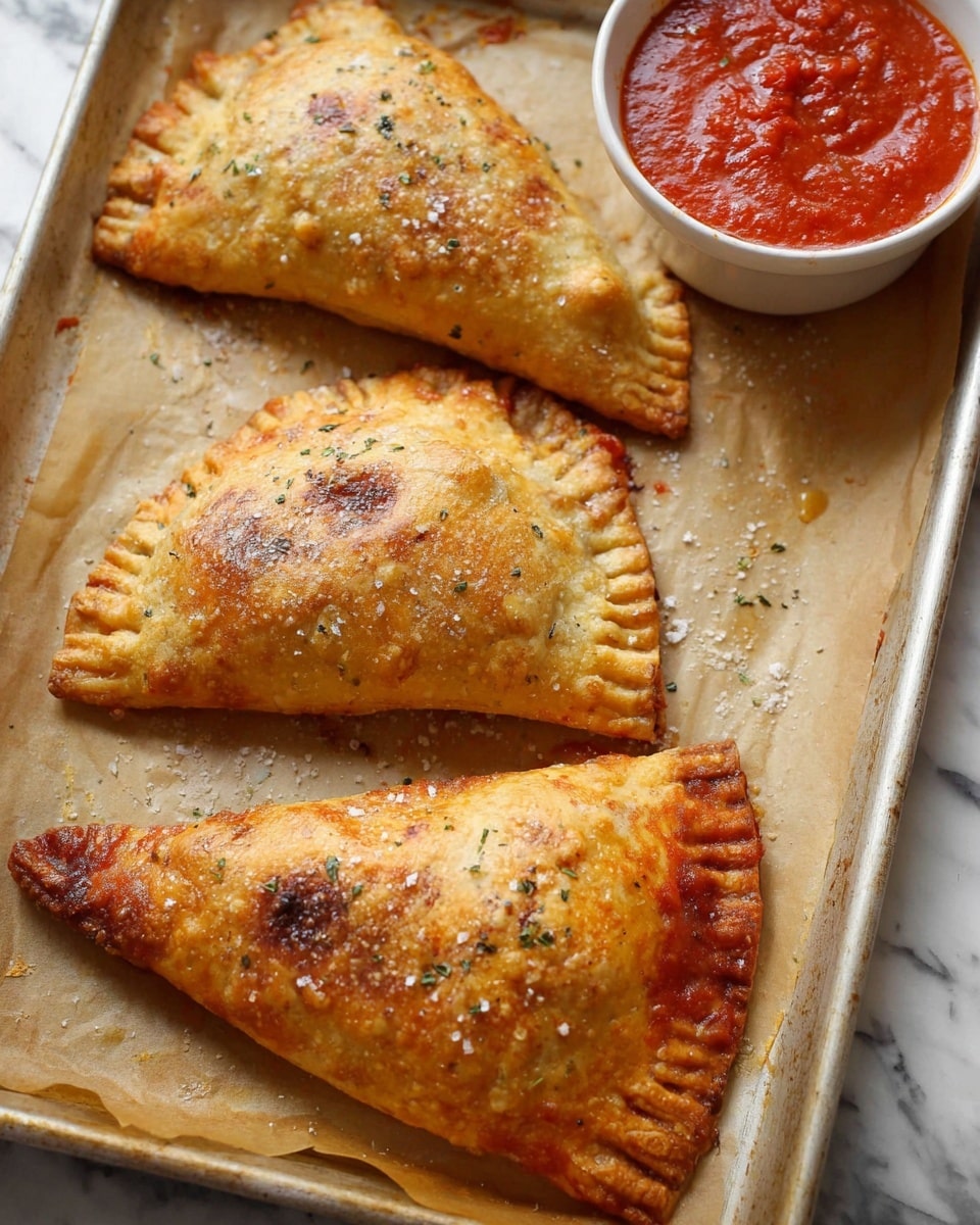 The image shows three golden-brown triangular pastries on a baking sheet lined with parchment paper, each with slightly darker browned spots and sprinkled with small flakes of herbs and coarse salt on top. The edges of the pastries have a crimped pattern, and a bit of melted filling oozes from one side of the middle pastry. To the upper right corner of the baking sheet, there is a small white bowl filled with thick, bright red tomato sauce. The background surface visible beyond the baking sheet has a white marbled texture. photo taken with an iphone --ar 4:5 --v 7