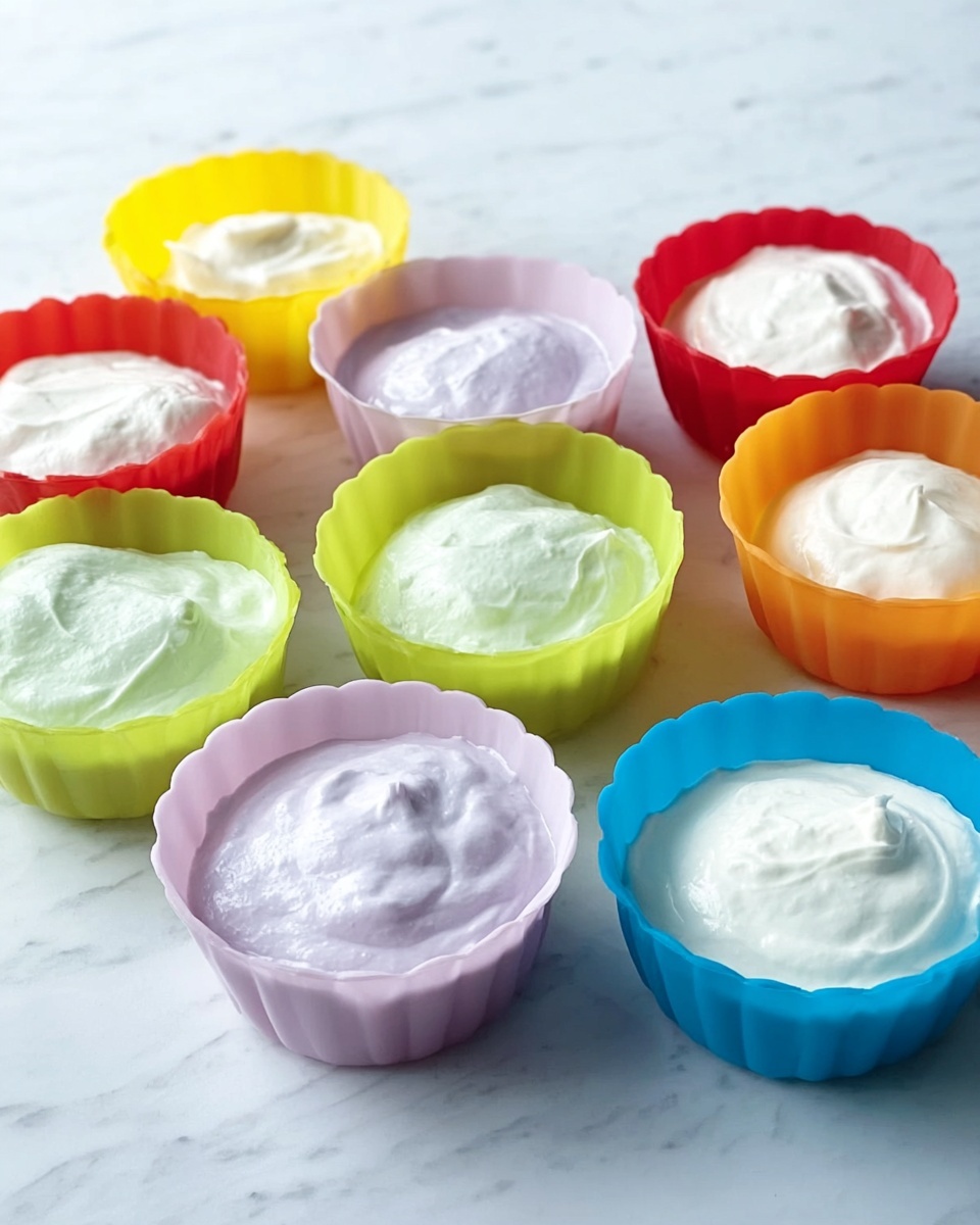 The image shows nine colorful small silicone cups arranged on a white marbled surface, each filled with a creamy soft mixture. There are three yellow cups filled with smooth white cream, two red cups holding light purple cream, two green cups with a pale green creamy mixture, one orange cup with white cream, and one blue cup with a lavender-tinted cream. Each cup is evenly filled with a slightly thick texture that looks soft and fluffy. The colors of the creamy mixtures contrast nicely against the bright silicone cups, creating a cheerful and inviting scene. Photo taken with an iphone --ar 4:5 --v 7