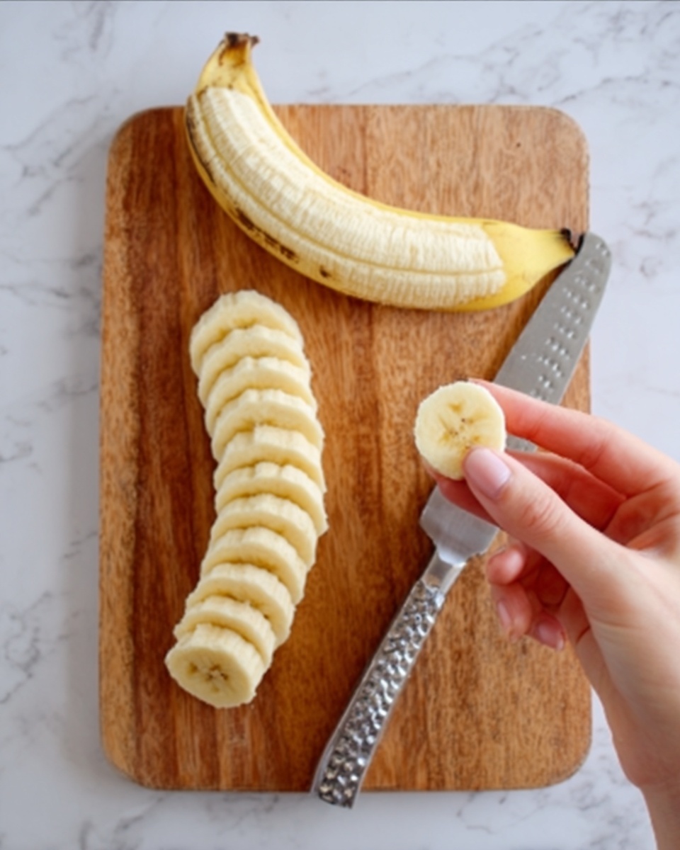The image shows a wooden cutting board on a white marbled surface. On the board, there is a peeled banana cut into many thin, even slices arranged in a line. Next to the sliced banana is the rest of the banana peel. A silver knife with a textured handle rests to the right of the board. A woman's hand is holding a single slice of banana between her thumb and fingers above the board. The whole scene is brightly lit and focused. photo taken with an iphone --ar 4:5 --v 7