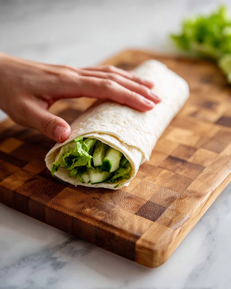 A close-up image showing a pale white wrap being rolled on a wooden checkered cutting board. Inside the wrap, there are bright green lettuce leaves and a few slices of cucumber, visible near the open end. A woman's hand gently presses the wrap as it covers the ingredients, highlighting the soft, slightly toasted texture of the wrap. The background features a white marbled surface below the cutting board. photo taken with an iphone --ar 4:5 --v 7