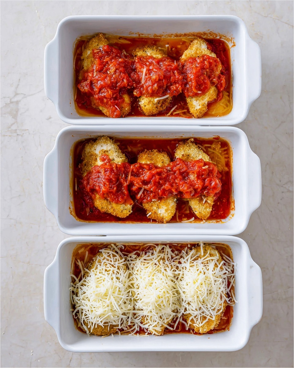 A white baking dish sits on a white marbled surface, containing four golden-brown pieces of breaded chicken arranged side by side as the first layer. The second layer shows a chunky, bright red tomato sauce poured unevenly over the chicken, partially covering each piece. The third layer adds a layer of shredded mozzarella cheese scattered over the tomato sauce and chicken, with the white cheese strands spread unevenly, ready to melt. Photo taken with an iphone --ar 4:5 --v 7