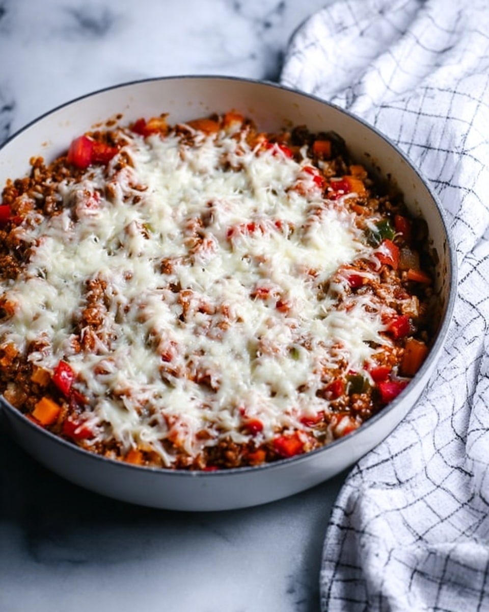 A round white pan filled with a layered dish is sitting on a white marbled surface with a white and black checkered cloth beside it. The dish has three clear layers: the bottom layer is a chunky mix of diced red tomatoes, brown cooked ground meat, and small bits of green and orange vegetables, giving it a textured, colorful look. On top of that is a layer of melted cheese, scattered evenly but allowing some of the layer below to show through. The cheese is white and soft, adding a smooth contrast to the rougher texture beneath. photo taken with an iphone --ar 4:5 --v 7