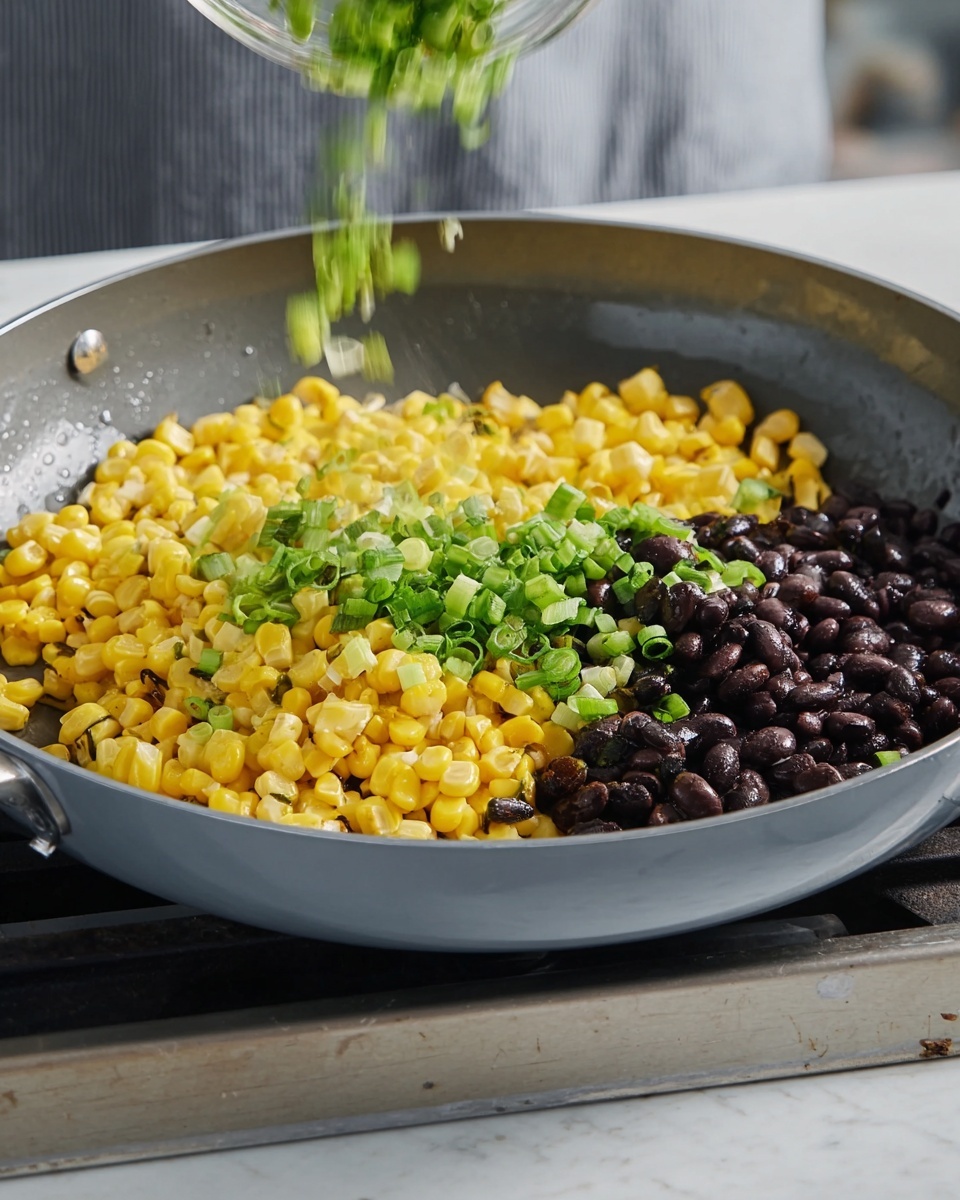 A gray frying pan filled with three layers of food: the bottom layer has dark black beans spread across the bottom right side, the middle layer is bright yellow corn kernels heaped mostly in the center and left, and the top layer is fresh chopped green onions sprinkled mainly over the corn in the center. The pan is sitting on a stove with a white marbled surface visible below, and a woman's hand is pouring more green onions from above. The background shows a blurred gray apron on the upper half of the image. Photo taken with an iphone --ar 4:5 --v 7