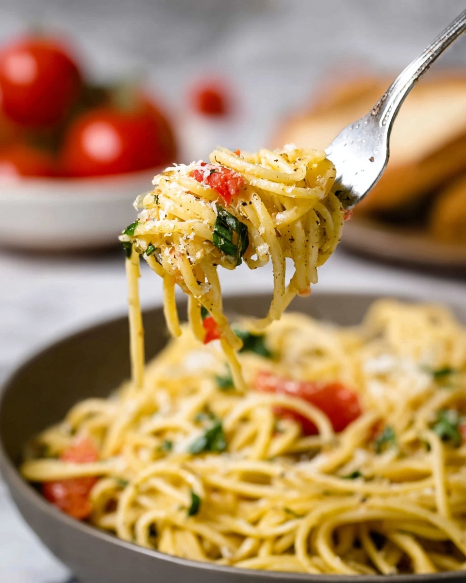 The image shows a close-up of a fork lifting a small bundle of yellow spaghetti noodles mixed with small pieces of fresh green basil and tiny red tomato bits. The spaghetti looks lightly coated with oil and is sprinkled with finely grated white cheese and black pepper. The background features a full bowl of spaghetti on a white marbled surface with some blurred red tomatoes and bread in the distance, adding warm colors to the scene. photo taken with an iphone --ar 4:5 --v 7
