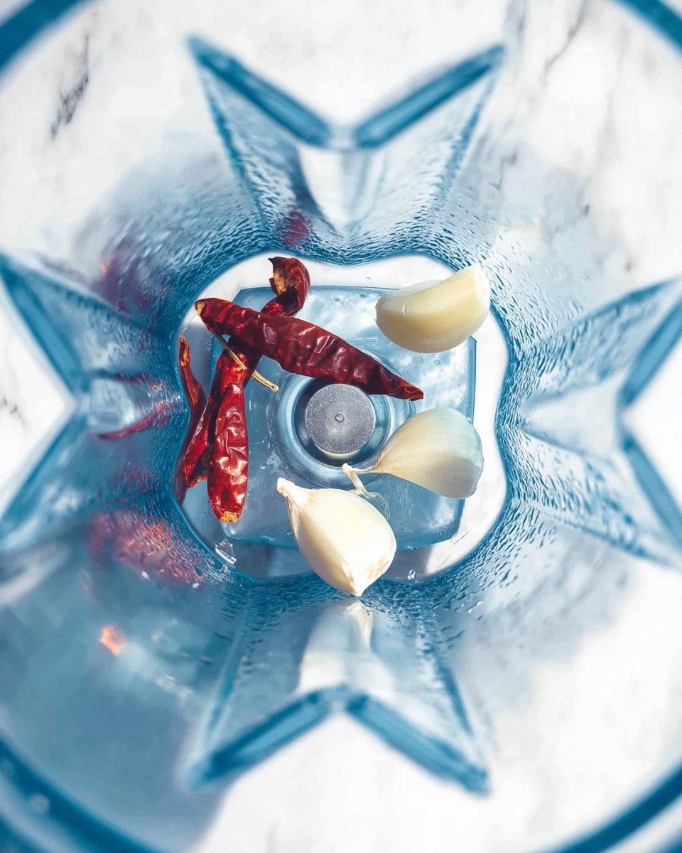 The image shows the inside of a blender from above, with a few peeled garlic cloves and three dried red chili peppers resting on the bottom near the metal blades. The clear blender container has a slightly blue tint, and the background is a white marbled surface. The metal blades in the center have a sharp, star-like shape. The lighting is bright, highlighting the textures of the garlic and chilies. Photo taken with an iphone --ar 4:5 --v 7