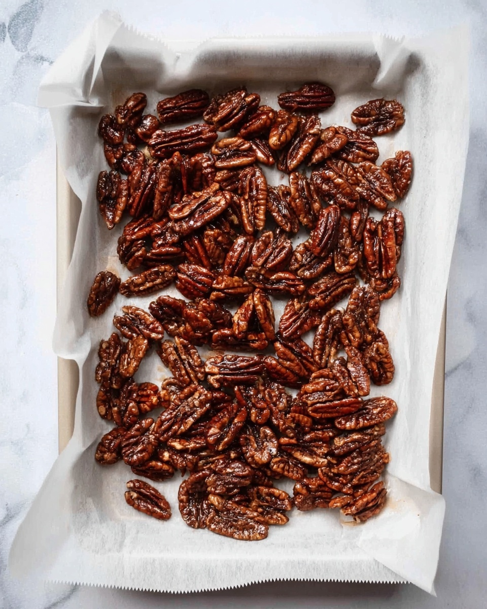 The image shows a baking tray lined with wrinkled white parchment paper, filled with a single layer of roasted pecans. The pecans are glossy and dark brown with a slightly sticky and textured surface, spread evenly across the paper. The background features a white marbled texture that softly frames the tray. photo taken with an iphone --ar 4:5 --v 7