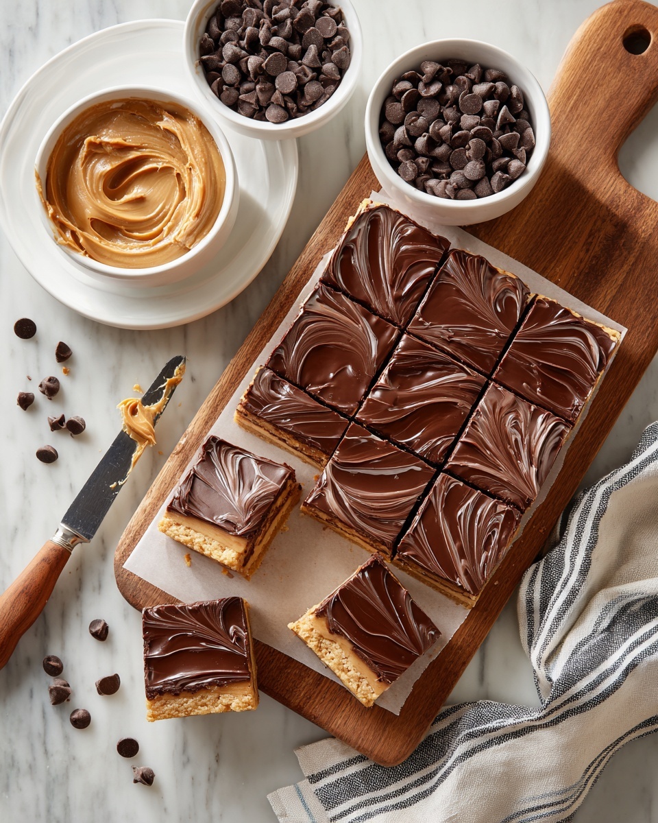 A wooden board holds a rectangular dessert made of three even layers: the bottom layer is a light biscuit base, the middle layer is creamy peanut butter filling in a warm beige color, and the top layer is a smooth, dark chocolate glaze with slight swirls and a shiny finish, divided into sixteen square pieces. Above the board are two white bowls—one filled with creamy peanut butter, showing a smooth texture, and the other packed with dark chocolate chips. A white plate sits nearby with a knife resting on it, the knife blade showing some peanut butter residue. The whole setup rests on a white marbled surface, with a striped towel partly visible on the side. A few chocolate chips are scattered casually across the surface. photo taken with an iphone --ar 4:5 --v 7