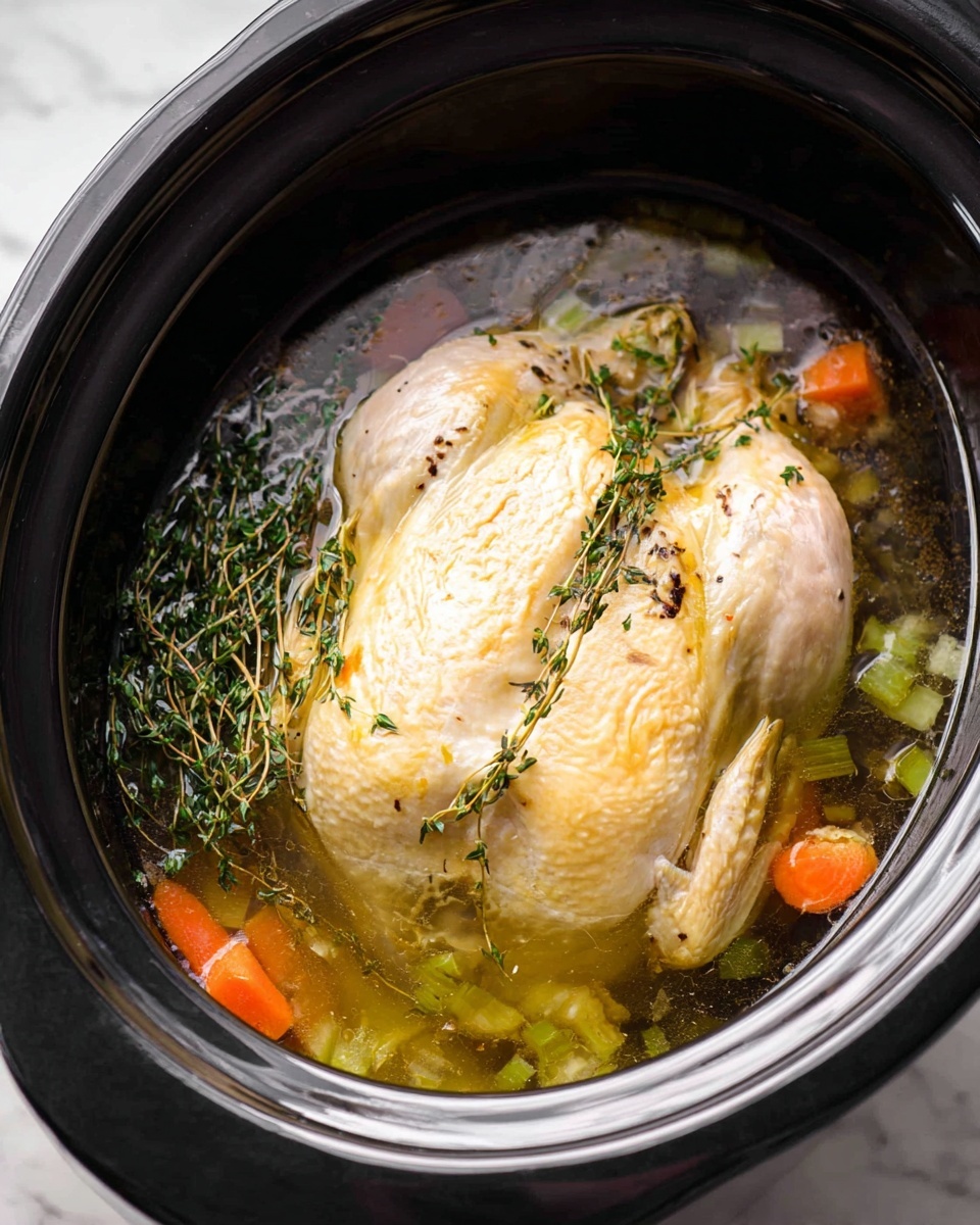 A whole cooked chicken is lying in a black slow cooker pot filled with clear broth and vegetables. The chicken has a pale yellow skin with a soft texture and is partly covered by small chopped celery, onions, and carrots floating in the broth. Around the chicken, there are dark green leafy herbs and sprigs of fresh thyme, adding texture and color contrast near the pot edges. The broth has a light oily shine on its surface, showing the tender cooked chicken and mixed vegetables below. The scene is set on a white marbled surface. photo taken with an iphone --ar 4:5 --v 7